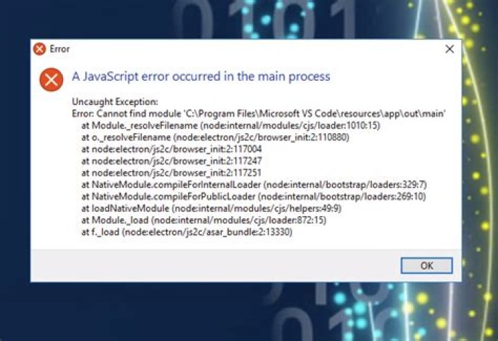 A Javascript error has occurred in the main process VSCode