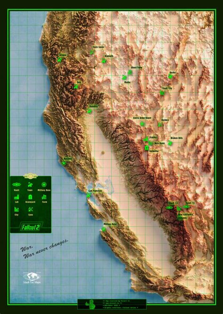 a map of Fallout 2 with directions to get to San Francisco