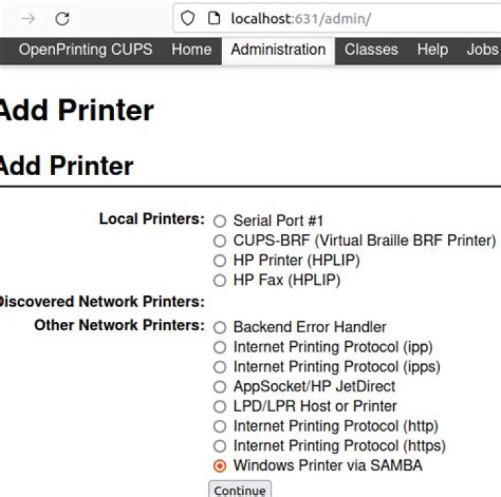 Adding CUPS shared printers to Windows Client