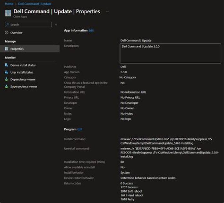 Attempting to deploy Dell Command Update intunewin package using InTune