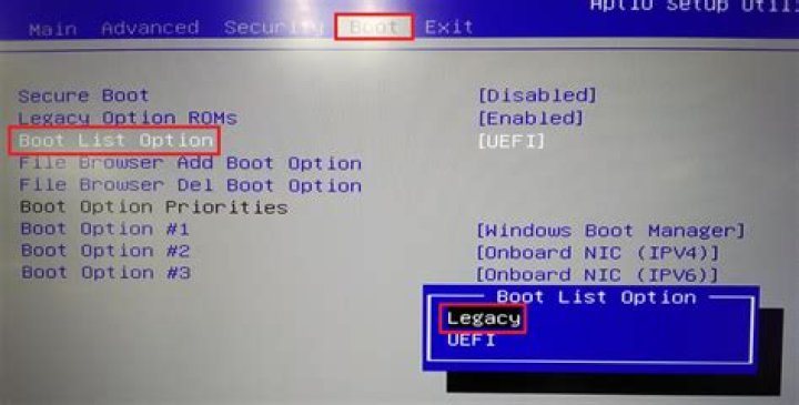 boot list option legacy, secure boot disabled, load legacy option ROM enabled, boot priority: USB, HDD, CD, Network, Diskette