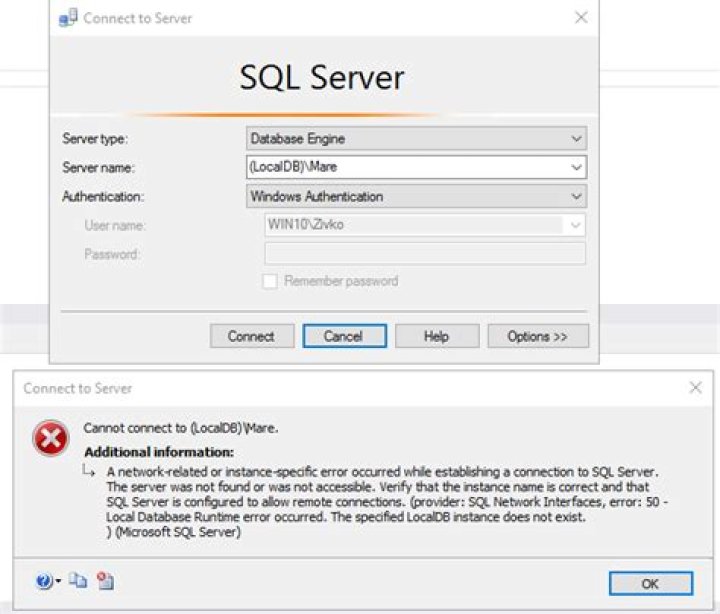 Can't connect to localdb