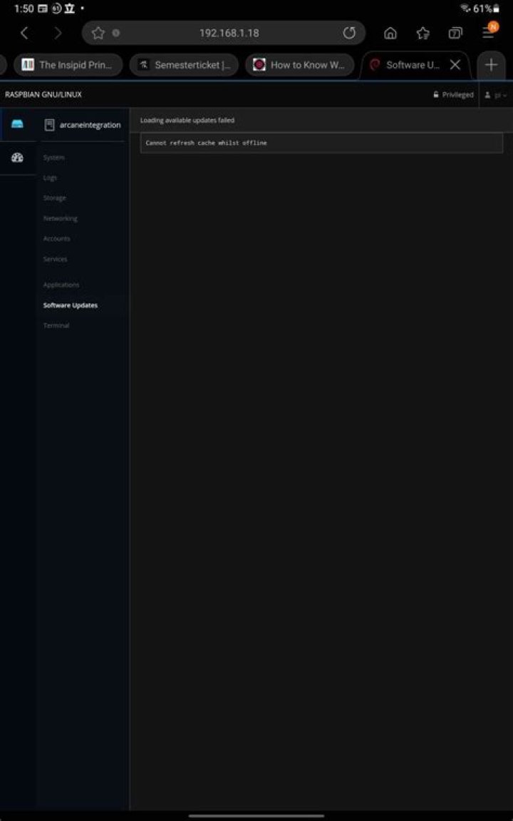Cockpit Software Updates - Loading available updates failed - Cannot refresh cache whilst offline