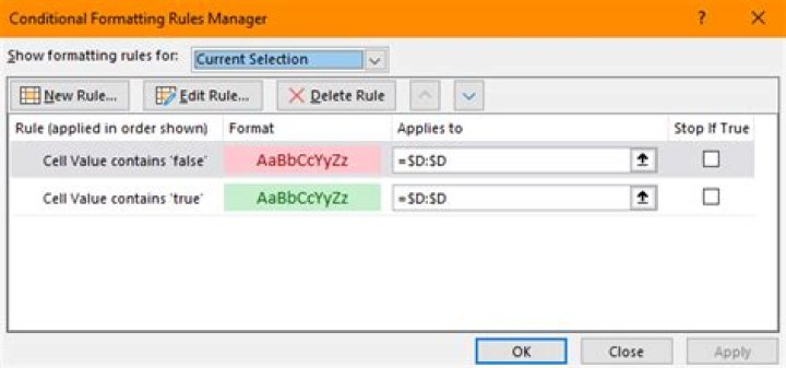 Conditional formatting of TRUE / FALSE values in an Excel 2010 range