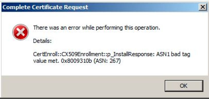 CSR failing: Error Parsing Request ASN1 bad tag value met (ASN: 267 CRYPT_E_ASN1_BADTAG)