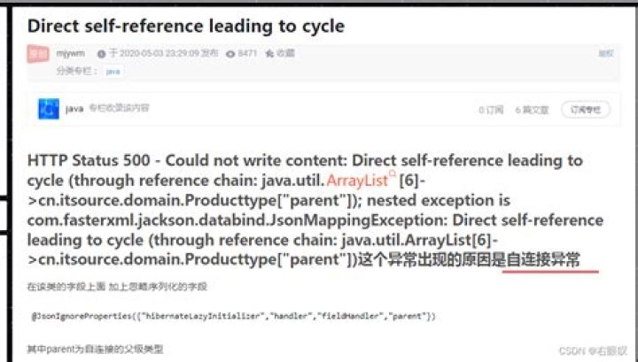Direct self-reference leading to cycle exception