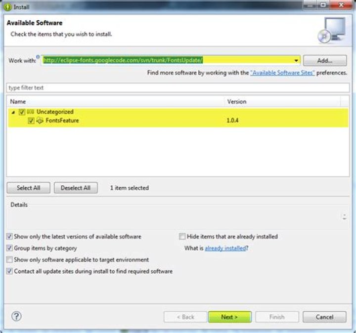 Eclipse extension installation screen capture