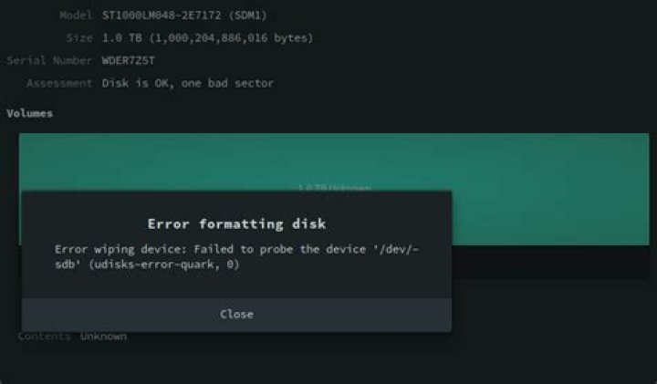 Error wiping device: Failed to probe the device '/dev/sdb' (udisks-error-quark, 0)