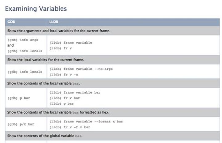 Examining variable command difference between GDB and LLDB