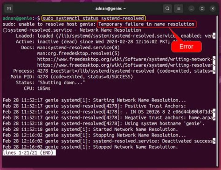 Failed to start systemd-resolved.service . systemd-resolved.service: Failed with result 'resources'. [1]: Failed to start Network Name Resolution