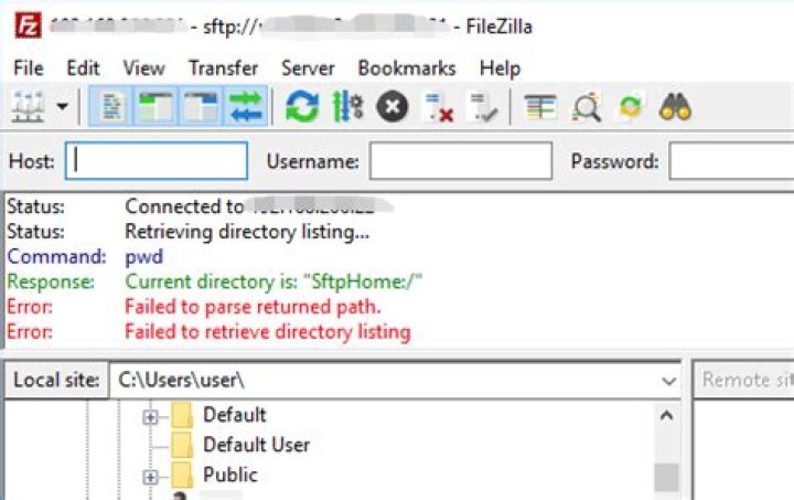 Filezilla FTP Server Fails to Retrieve Directory Listing