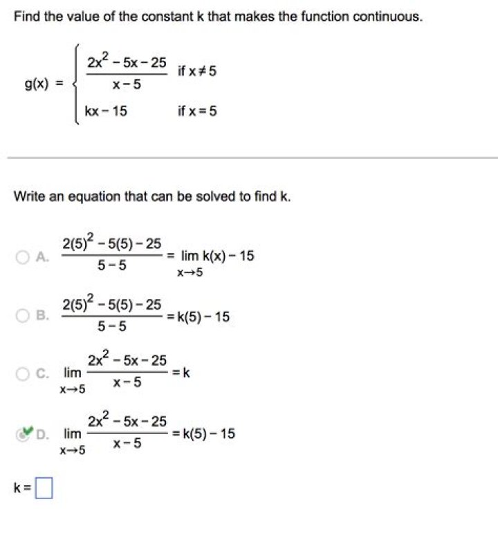 Find the value of the constant k that makes the function continuous