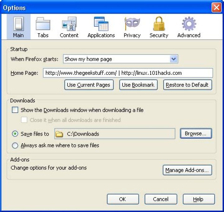 Firefox Options Page