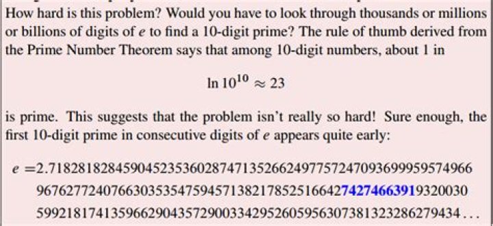First 10-digit prime in consecutive digits of e