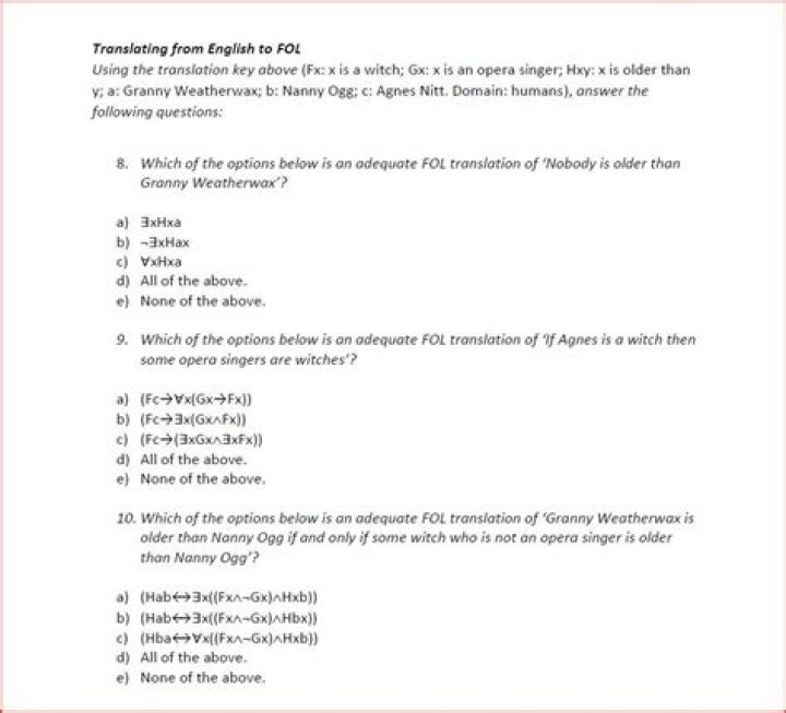FOL to English translation questions.