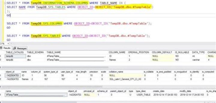 Get structure of temp table (like generate sql script) and clear temp table for current instance