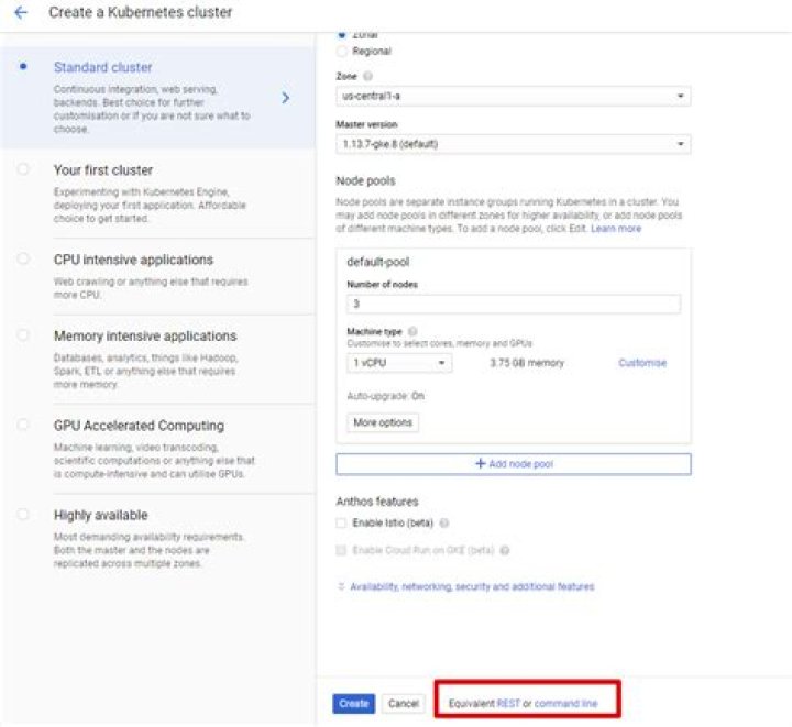 Get the gcloud create cmd for a cluster created through the GCP UI