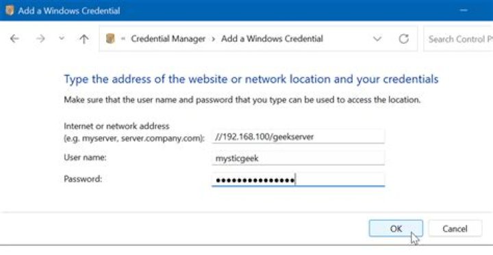 How can I add a network location with a space in the name to Windows Credential Manager?