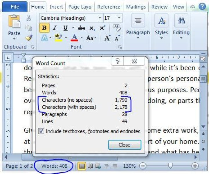 How can I count the characters in a word document?