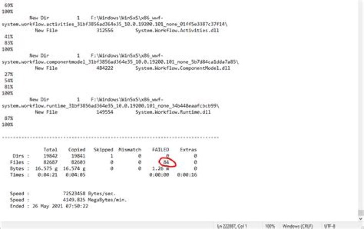 How can I find robocopy failures in the log?
