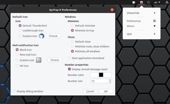 How can I minimize Thunderbird 60.2.1 to tray after 