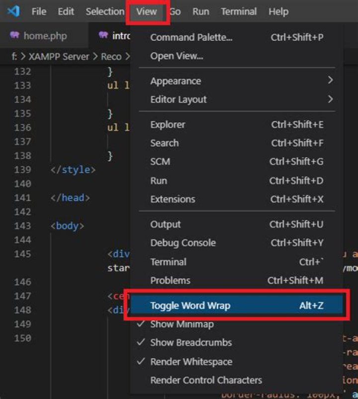 How can I switch word wrap on and off in Visual Studio Code?