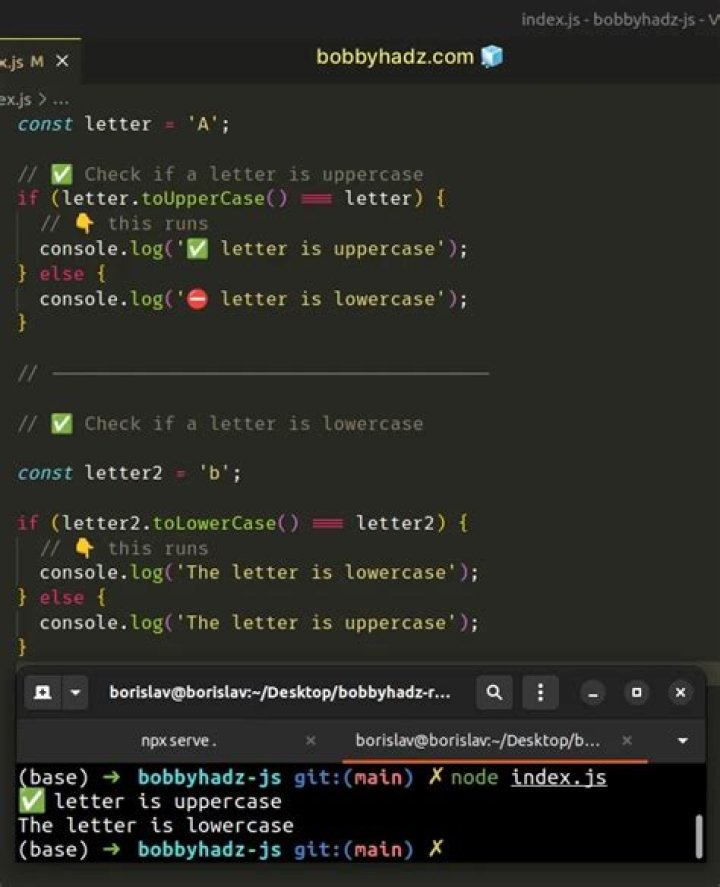 How can I test if a letter in a string is uppercase or lowercase using JavaScript?