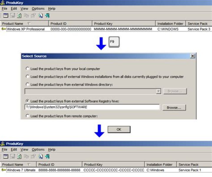 How do I retrieve a product key from another hard drive?