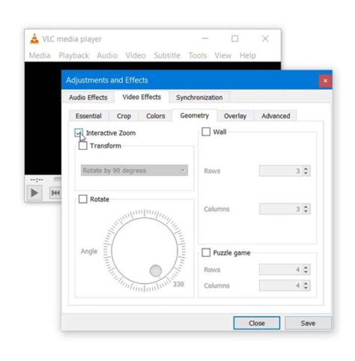 How do I zoom in and save a video using VLC media player?