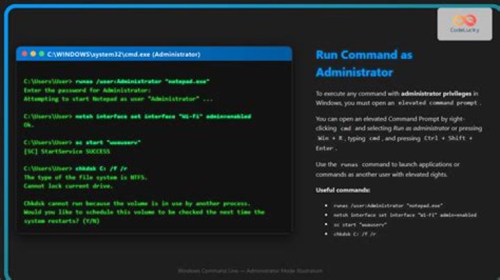 How do you run a command as an administrator from the Windows command line?