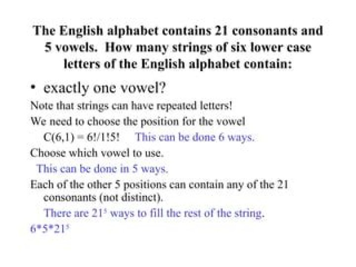 How many Strings of 6 letters contain: Exactly one Vowel, At least one Vowel?