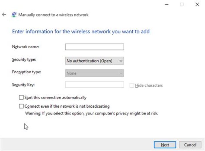How to access wireless network properties to configure a new connection in Windows 10