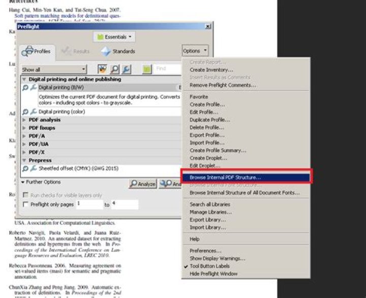 How to browse the internal PDF structure in Adobe Acrobat?