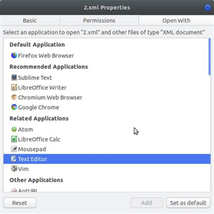 How to change the default application to open xml file in Ubuntu Bionic Beaver (development branch)?