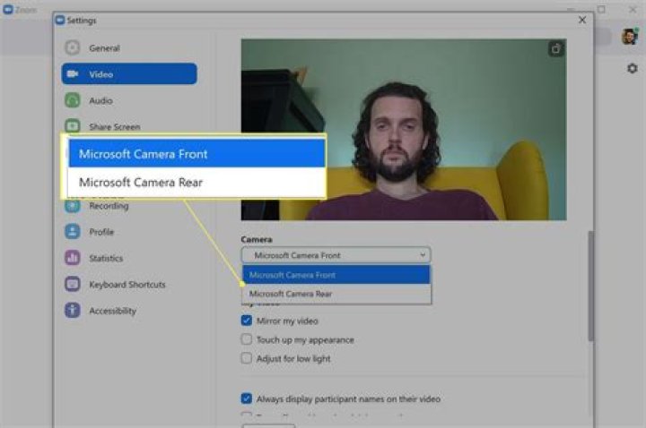 How to configure a Surface 3 tablet to use the front-facing camera for Zoom?