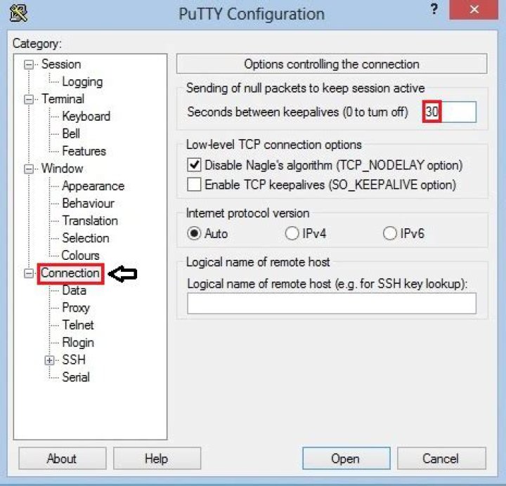 how to make putty ssh connection never to timeout when user is idle?