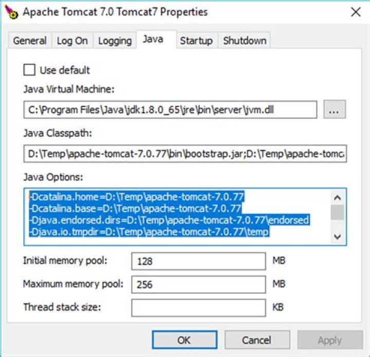 how to set JAVA_OPTS for Tomcat in Windows?