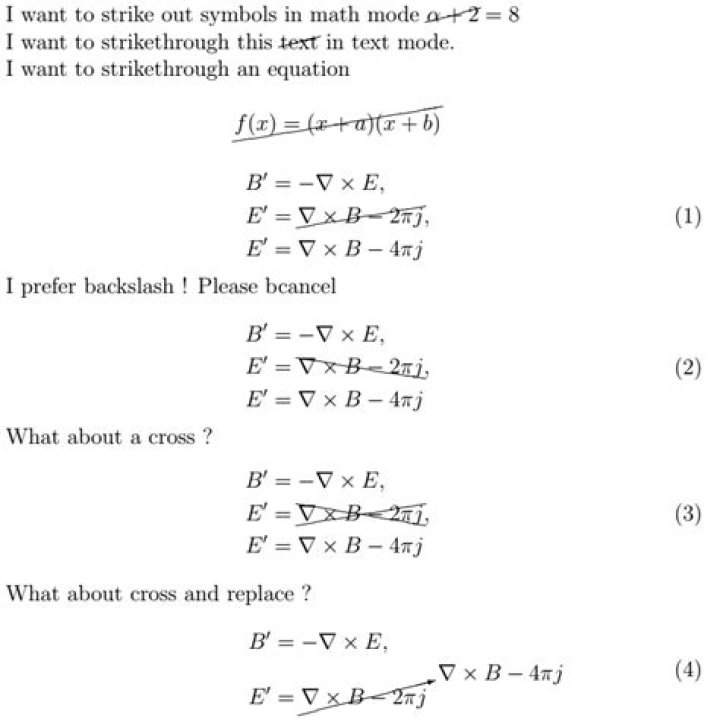 How to strike out inside LaTeX equations? [closed]