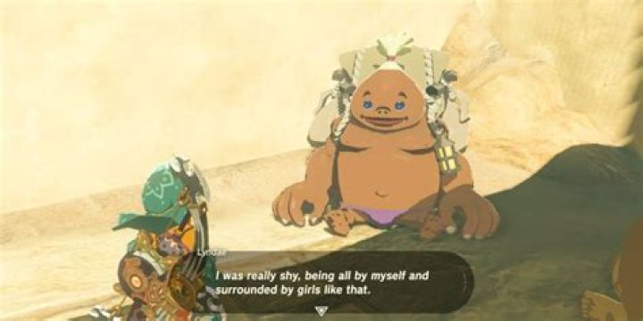Lyndae the Goron, saying: "Er... Sa...botta? Was that it? I can't tell... Apparently you really have to bite your lip to get that V sound out clearly."