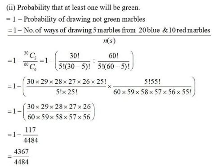 Marbles numbered 1 to n in a bag, what is the chance that at least five marbles are drawn out in the order of their number? [closed]