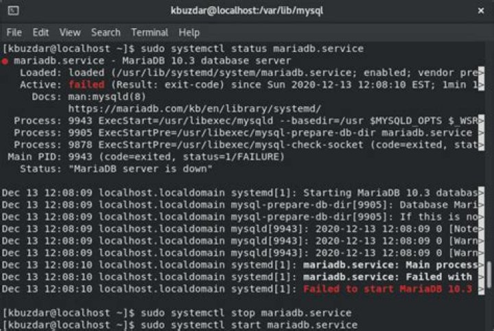 Maria DB not starting. Job for mariadb.service failed. See 'systemctl status mariadb.service' and 'journalctl -xn' for details