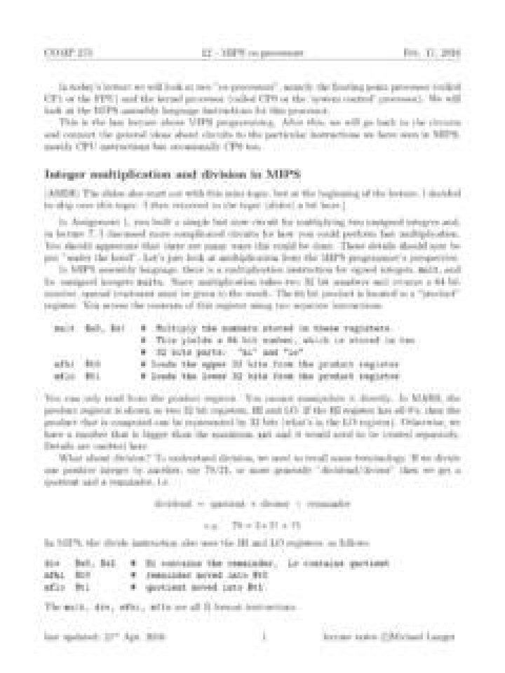 MIPS: Integer Multiplication and Division