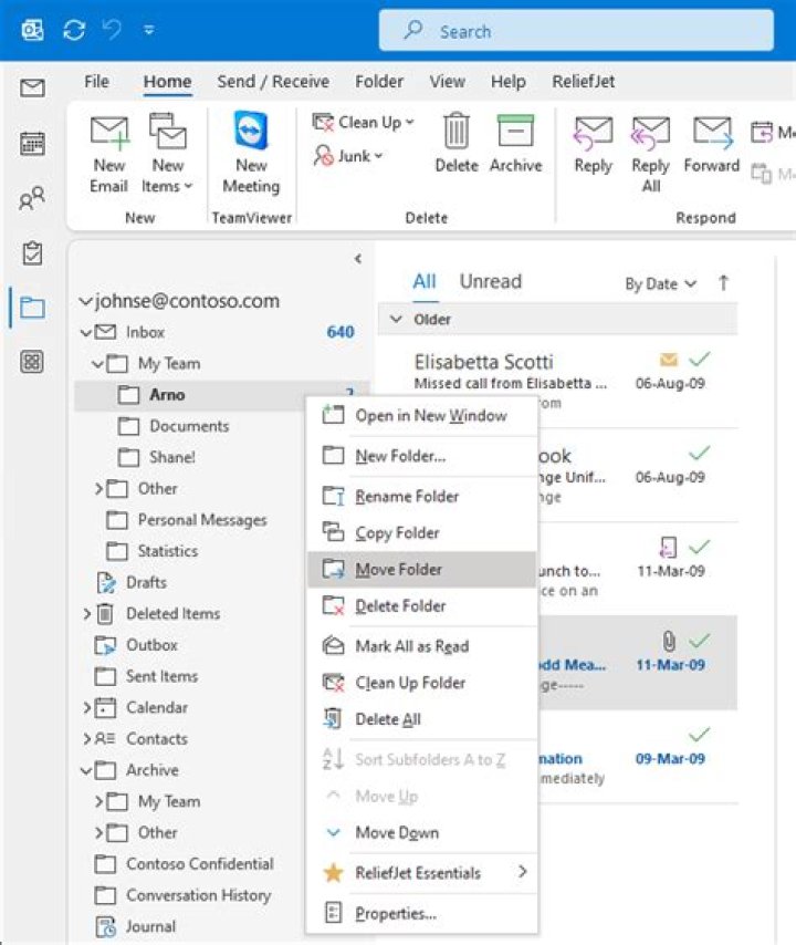 moving subfolders in Microsoft Outlook 2016