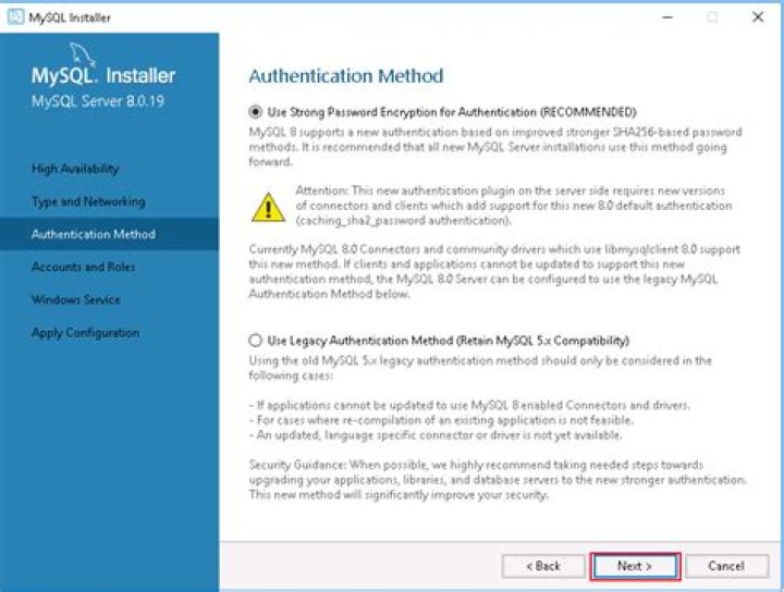 MySQL Installer - Authentication Method