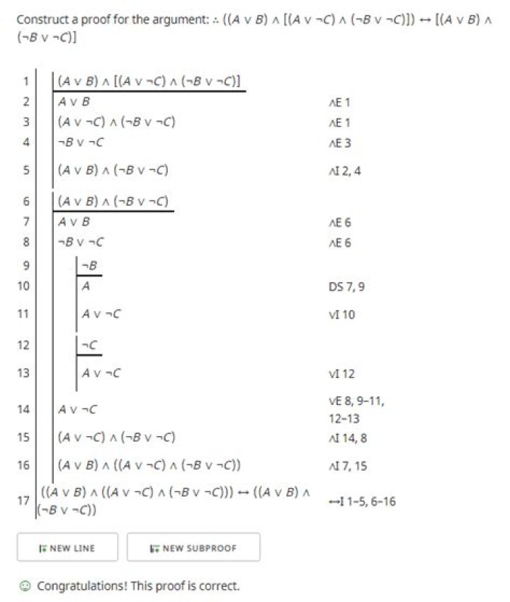Proof: ((A or B) and (A or ~C) and (~B or ~C)) <=> ((A or B) and (~B or ~C))