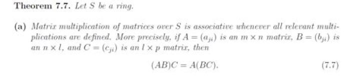 Proof that the matrix multiplication is associative – is commutativity of the elements necessary?