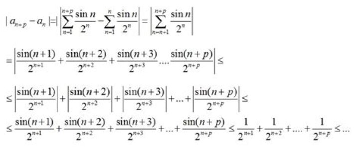 Prove, that sequence $ b_n = \sin1/2 +\sin2/4 +\dots+ \sin(n)/2^n$ is Cauchy