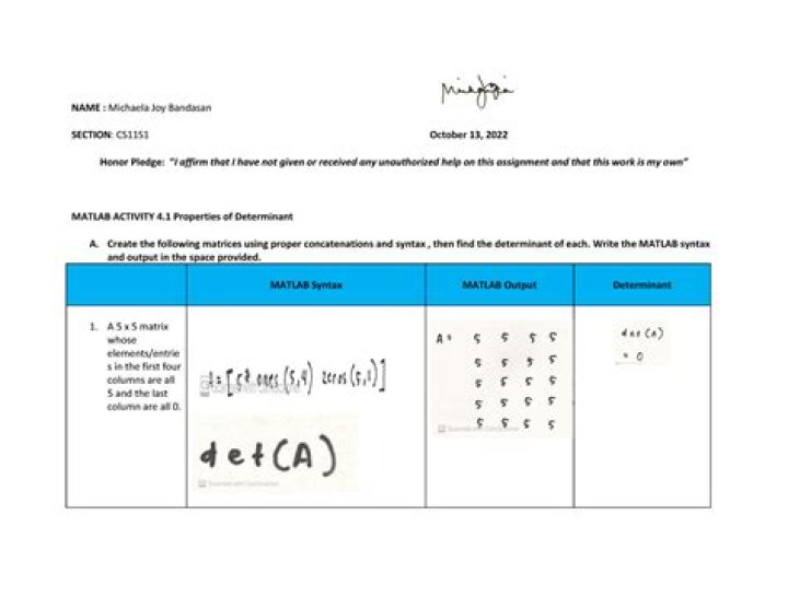 Proving a property of determinant in MATLAB
