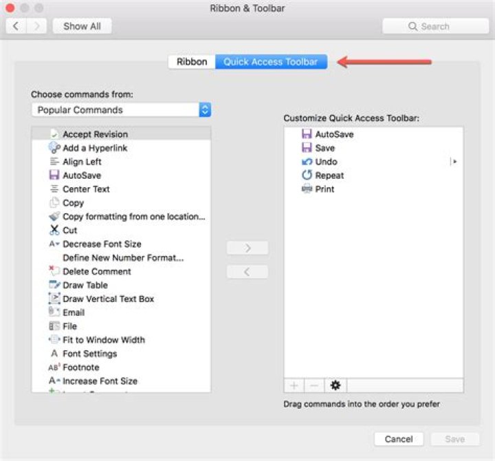 Quick access toolbar