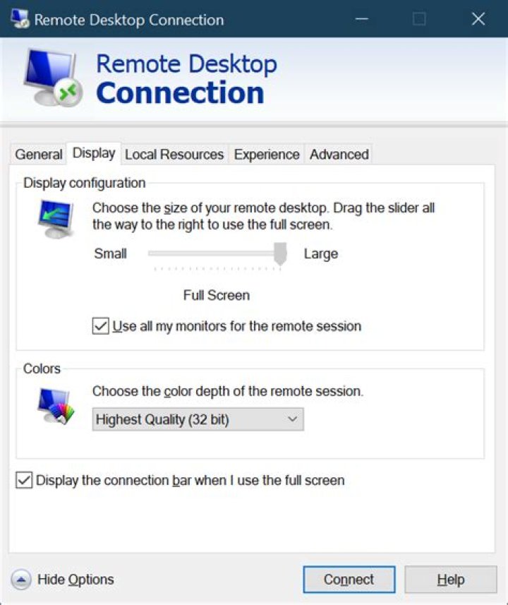 Remote desktop: Fullscreen is limited to the resolution of my primary monitor. How can I get a full screen rdp session on my second (bigger) screen?